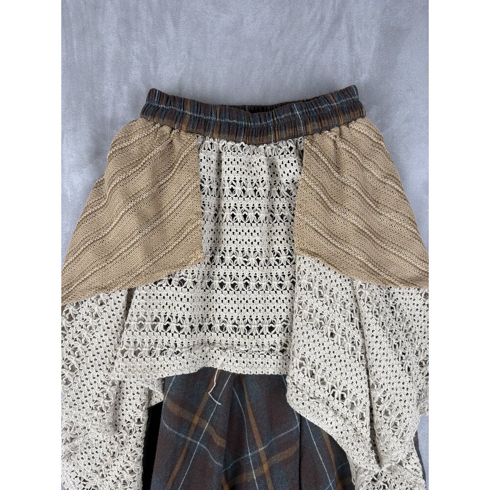 Bohemian Maxi Skirt with Crochet Overlay - Brown Plaid - Picture 5 of 9